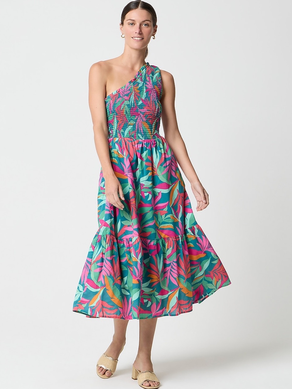 JCREW FACTORY One-shoulder smocked midi dress. Vivid Jade Multi. Large.